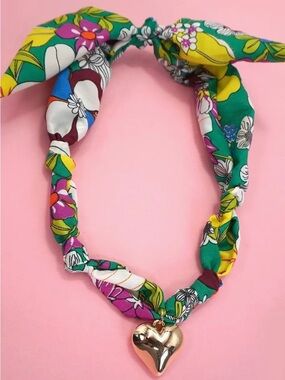 Floral Green & Yellow Silk Scarf Necklace with Gold Heart Charm